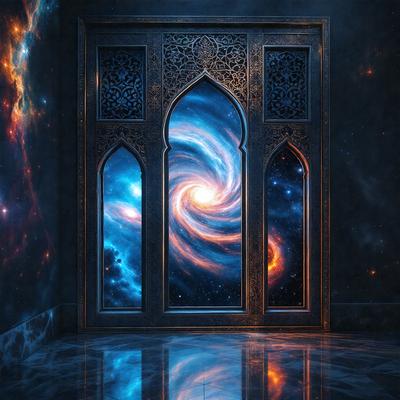 The primary subject of the image is a large, ornate door with a stained glass window. The setting is a dark room, and the visual style is a combination of photo and digital art. The colors and mood of the image are predominantly dark and mysterious, with the stained glass window adding a touch of color and intricacy to the scene.